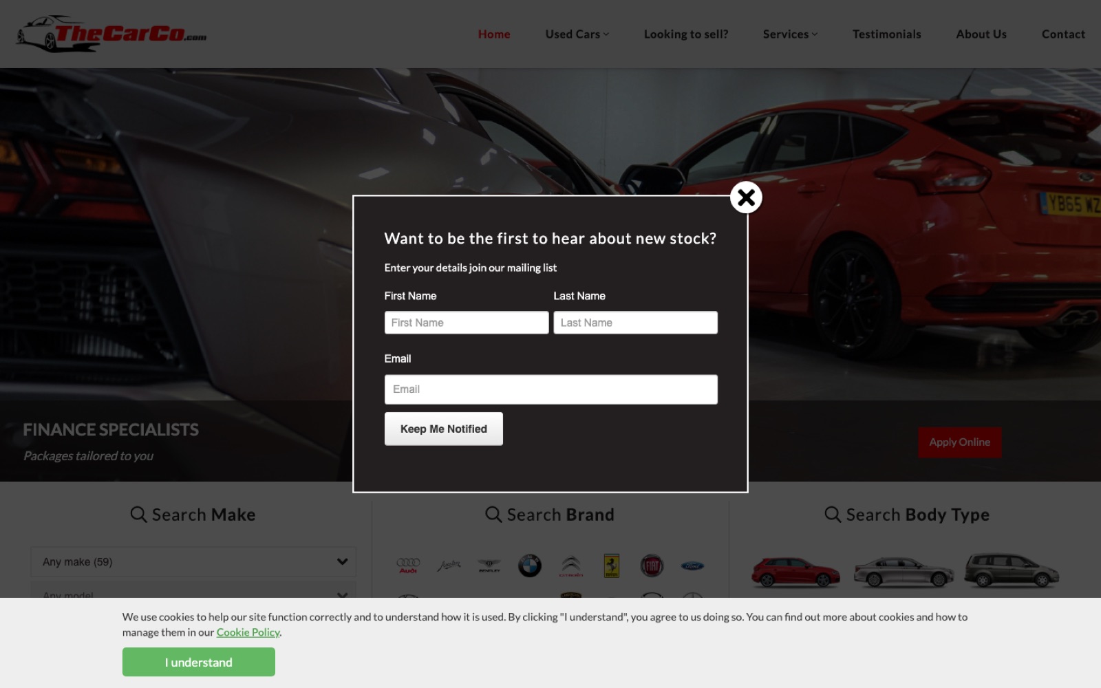 The current Car Company homepage, with a mailing-list pop-up and cookie banner over the hero