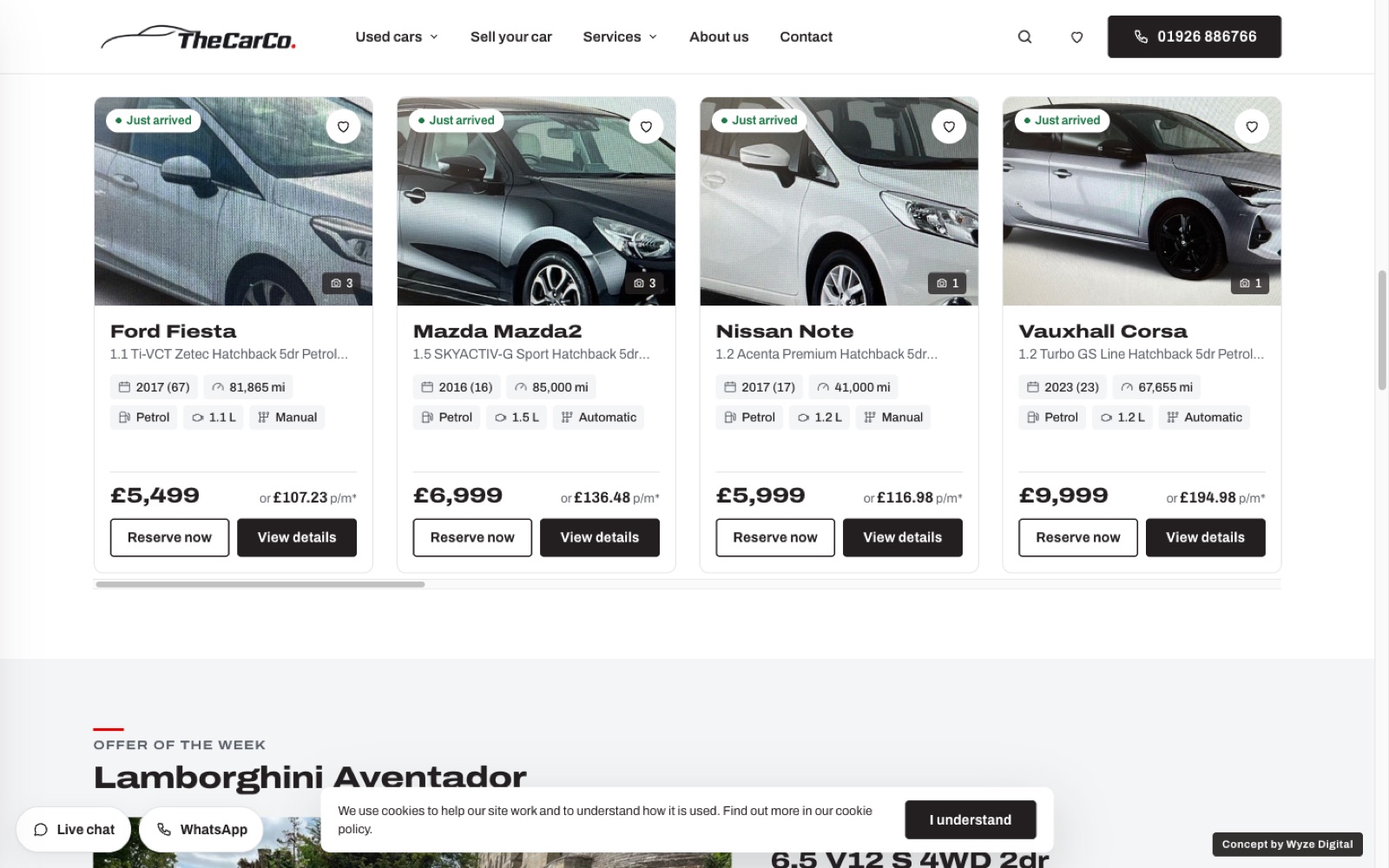 Concept stock section showing latest arrivals with clean car cards, prices and monthly figures