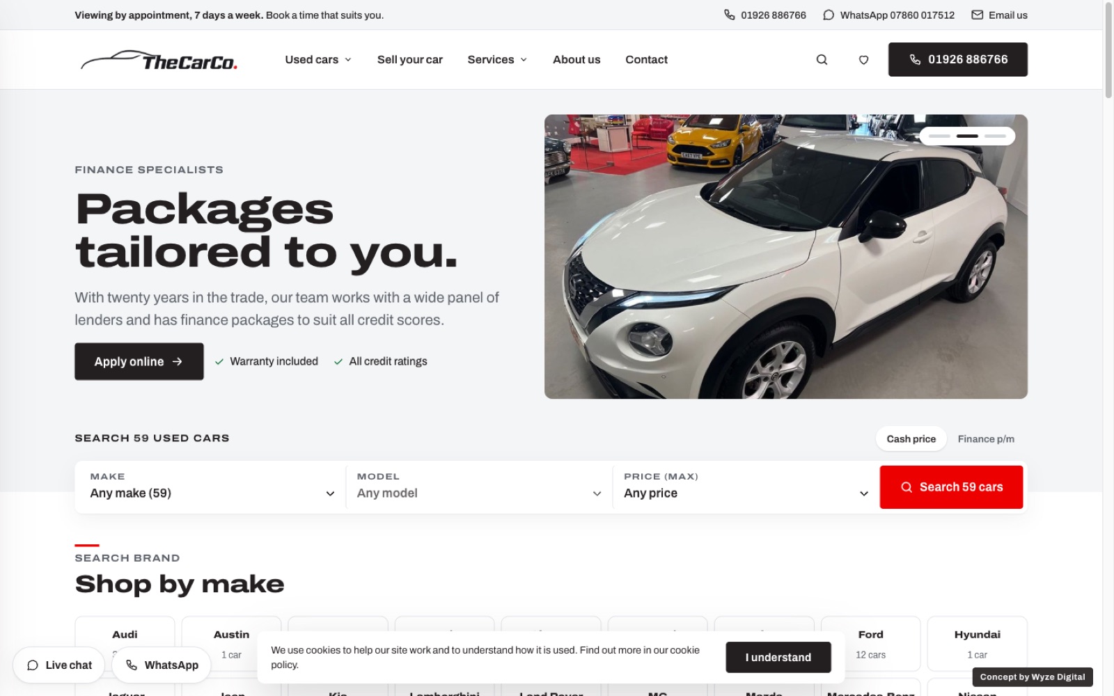 Wyze concept for The Car Company homepage, clean layout with finance message and stock search